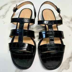 Ralph Lauren Black Croc Embossed Leather Straps Buckles Women’s Heeled Sandals 7